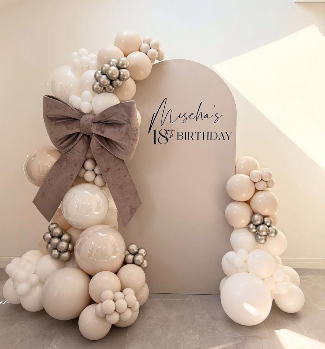Elegant 18th Birthday Balloon Garland – Neutral Tones with Bow Berkshire and London