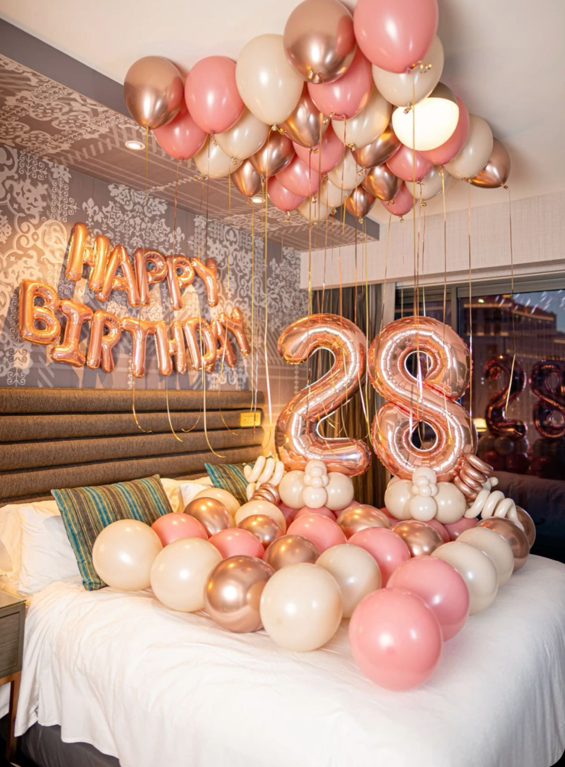 Rose Gold & Blush Birthday Balloon Room Setup