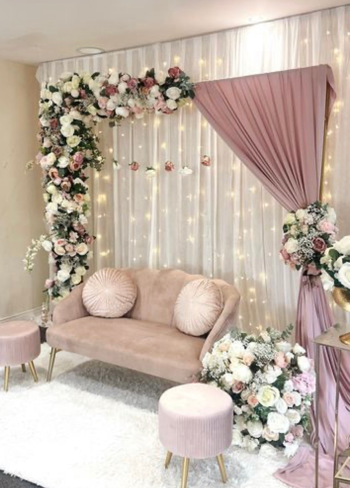 Premium Blush Backdrop With Sofa & Floral Arrangement